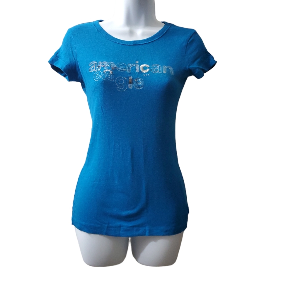 Vintage American Eagle Womens Blue Bead Tee Shirt